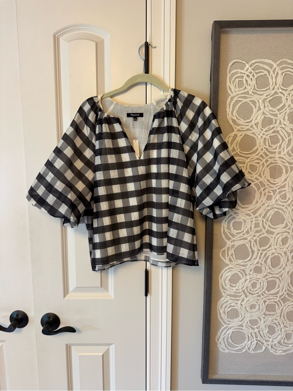 Madewell Black and White Gingham Puff-Sleeve Top